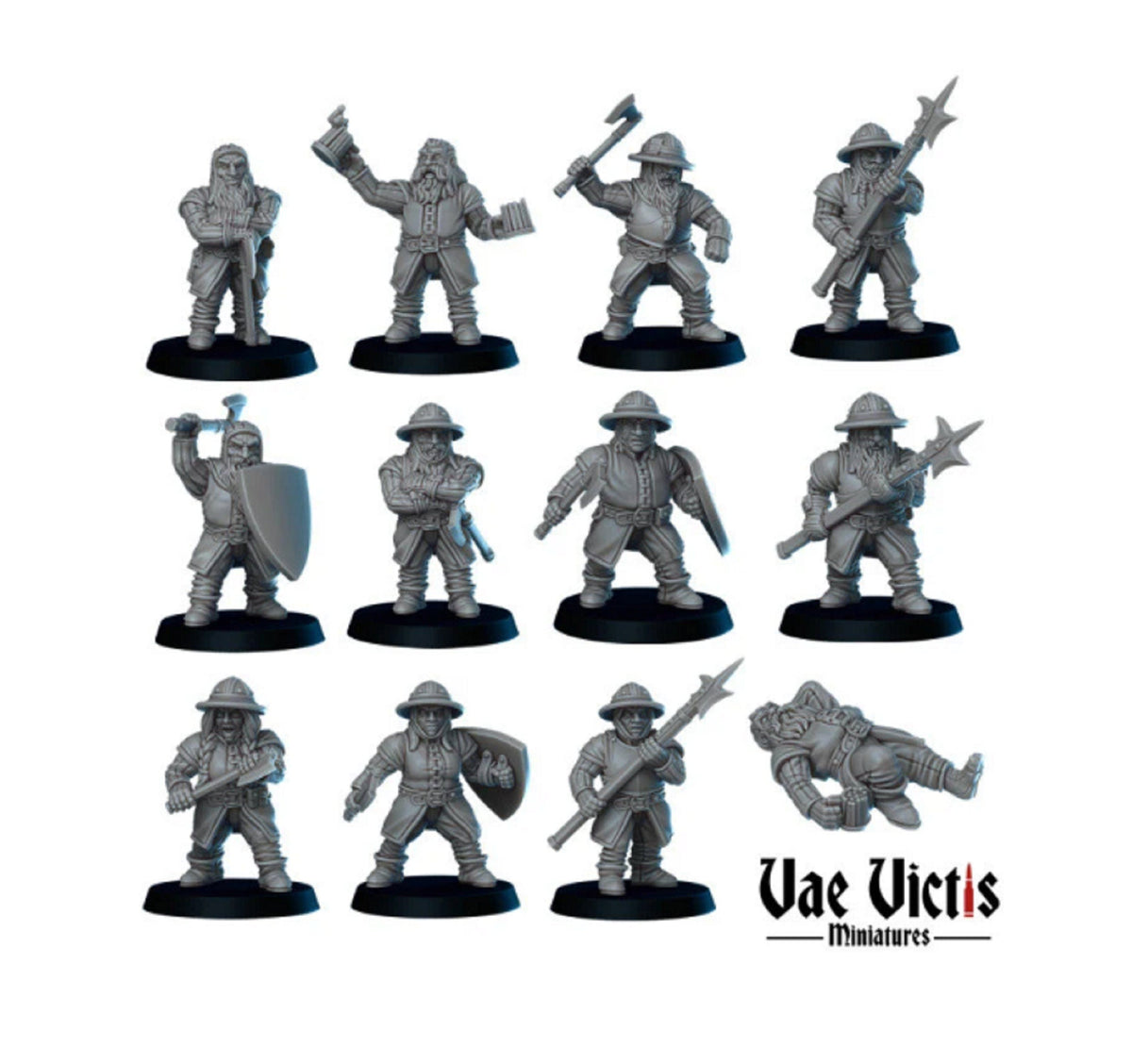 Digital product render of dwarf warriors with armor, helmets, shields and weapons