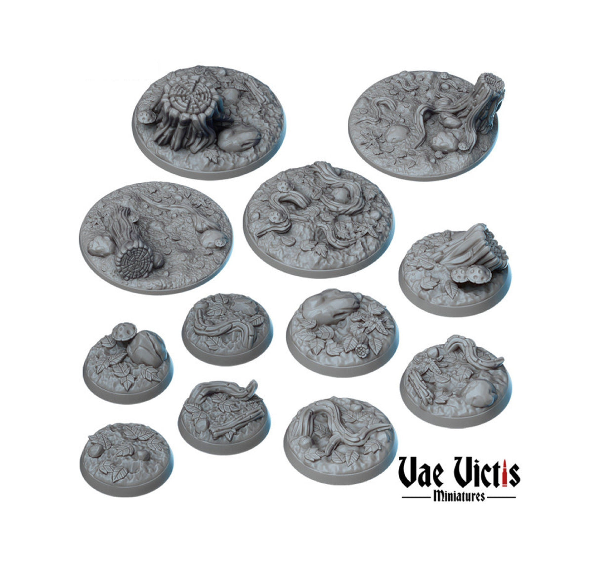 Forest-themed miniature bases in several sizes, shown in a product image