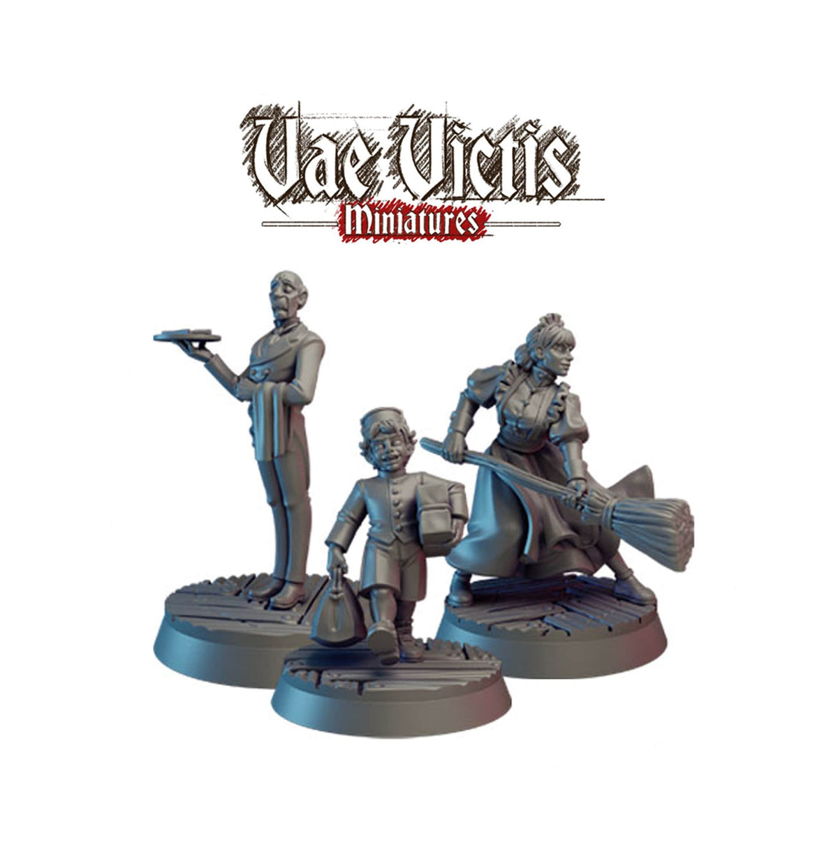 Vae Victis Miniatures digital renders of a butler, a young server, and a maid holding a broom.