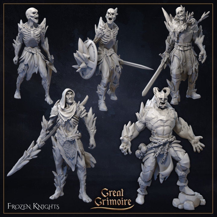 Great Grimoire digital renders of five Frozen Knights with different weapons and silhouettes.