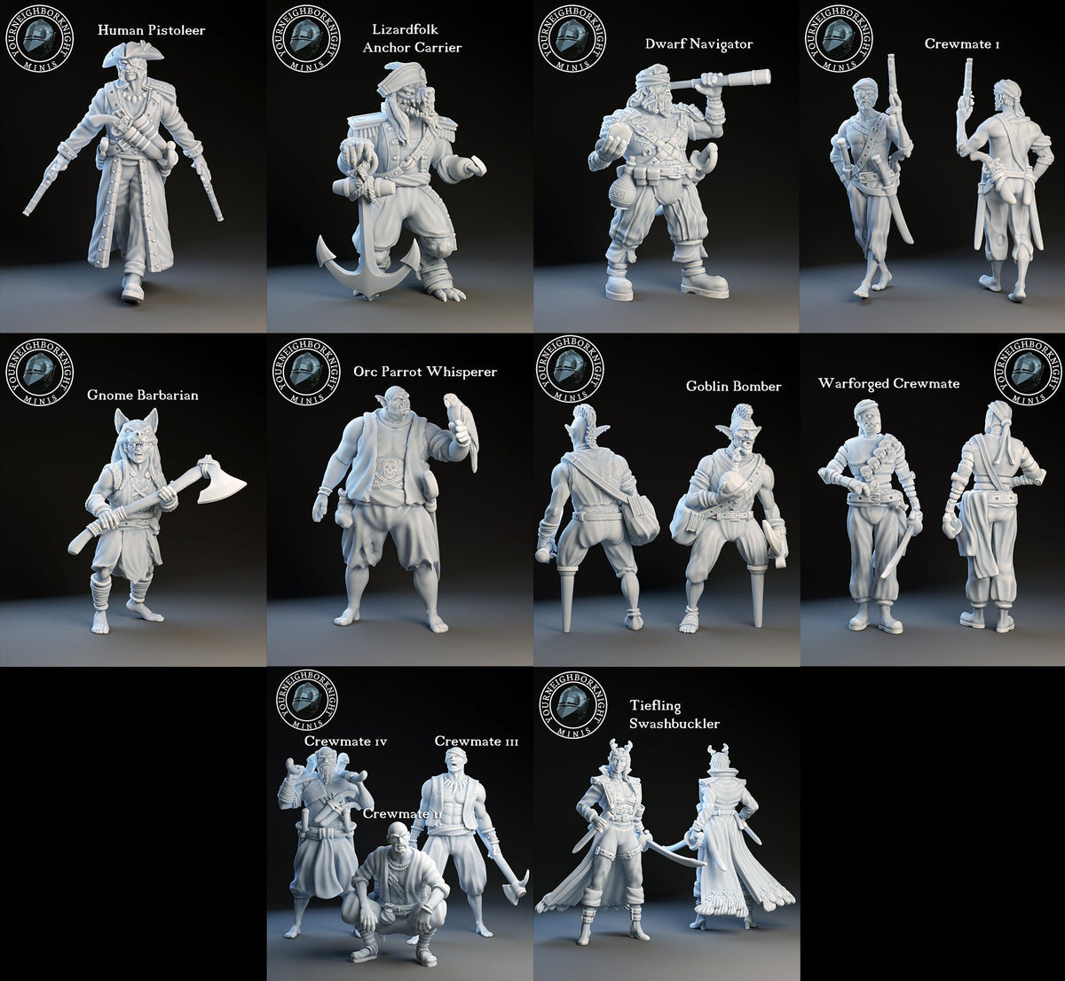 Digital product render showing a varied crew of fantasy pirate miniatures