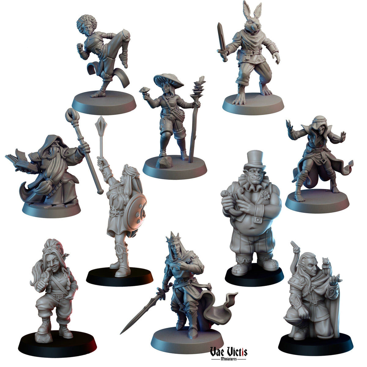 Ten adventurer miniature sculpts shown together in a product render