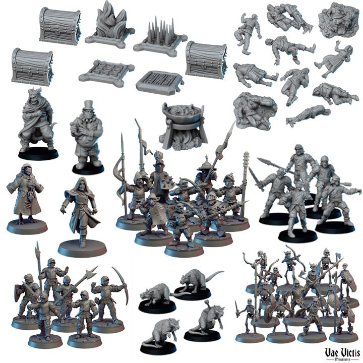 Product render of the 60-piece Dungeon Master Starter Pack, with fantasy characters, creatures, traps and scenery by Vae Victis Miniatures