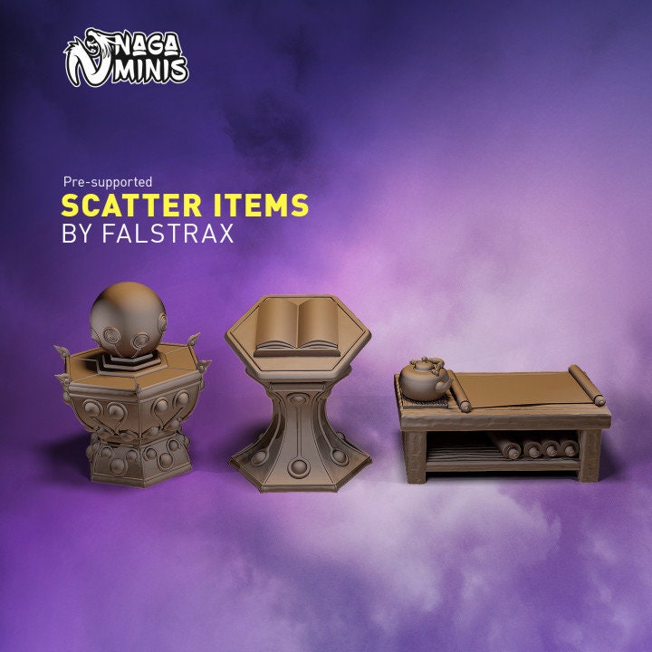 Naga Minis digital renders of an orb pedestal, an open book on a stand, and a low scroll table.