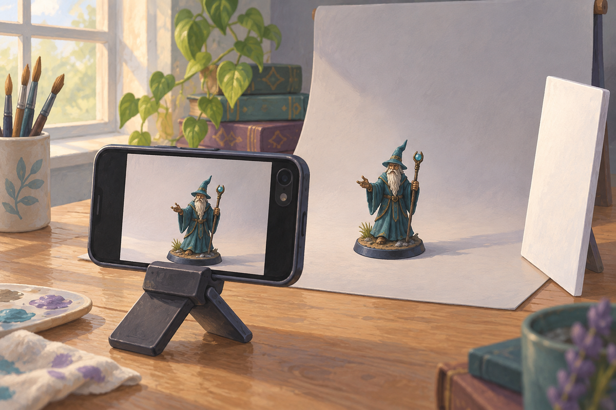 Illustrated setup with a smartphone, wizard miniature, curved paper backdrop, window light, and white reflector card
