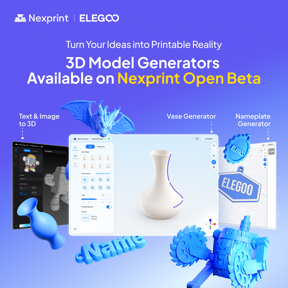 ELEGOO announcement graphic showing Nexprint's Text and Image to 3D, Vase and Nameplate generators