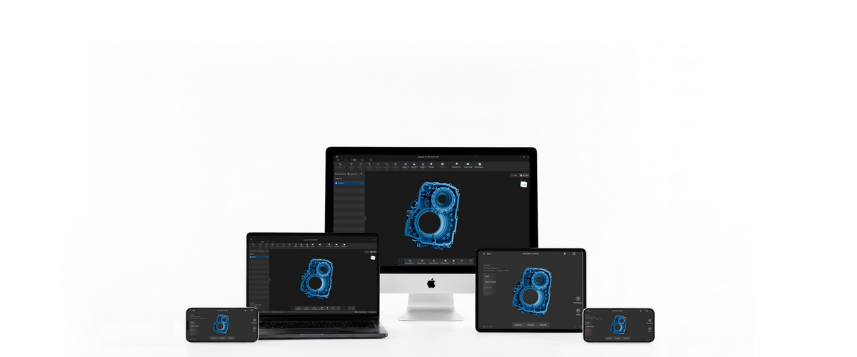 Revopoint promotional graphic showing Revo Scan 6 interfaces on desktop and mobile devices.