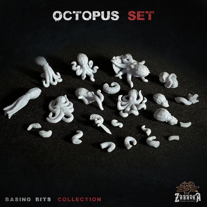 23pc Octopus Set DnD Dungeons and Dragons 28mm/2mm TTRPG Scatter Terrain Octopus Sea creatures Basing bit Miniatures Under Water Campaigns