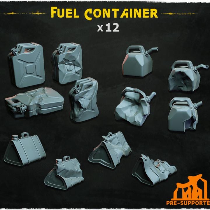 12pc Fuel Containers (Basing Bits 1.0) 28mm/32mm RPG Wargame Scatter Terrain Industrial Basing Materials Jerry Cans Dystopian Fuel Scatter