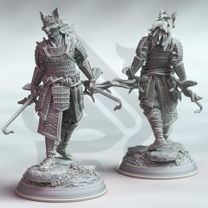 2pc Samurai of the Fox Miniature DnD Dungeons and Dragons 28mm/32mm Kenshi Kitsune RPG Fantasy Fighter DnD Warrior Pathfinder 5e Miniatures