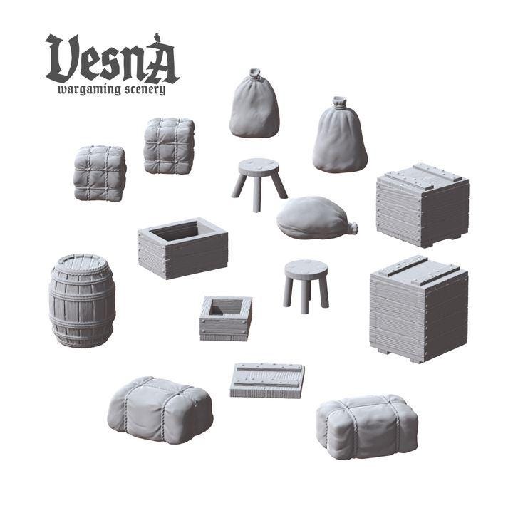 15pc Small goods pack - Crates, Sacks, Barrels Miniatures DnD Dungeons and Dragons DnD Scatter Terrain 28mm/32mm - VS