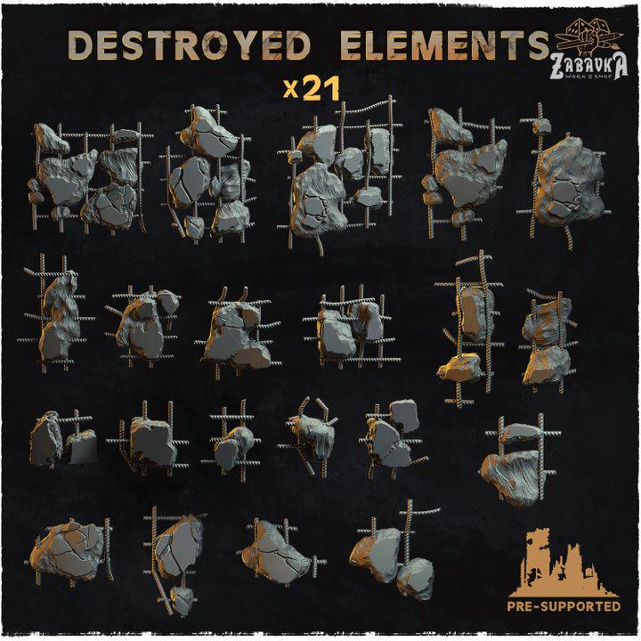 21pc Destroyed Elements (Basing Bits 2.0) 28mm/32mm TTRPG Urban Battlefield Basing Materials Destroyed Concrete Reinforcement ScatterZbW