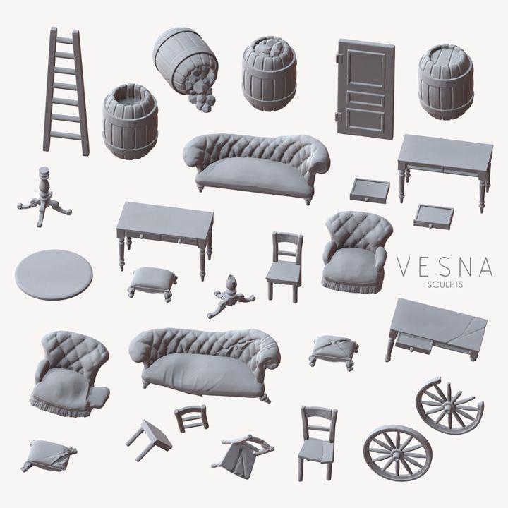 27 pc FURNITURE PACK Miniatures DnD Dungeons and Dragons DnD Scatter Terrain 28mm/32mm Chairs Ladder Barrels Wheels- VS