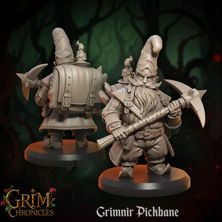 Gnome with a Pickaxe Miniature for Dungeons and Dragons 28mm/32mm TTRPG Fantasy Dwarf Creature Grimnir Pickbane - GG