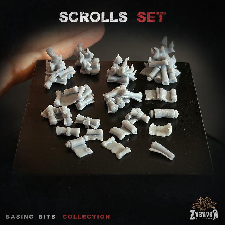 22pc Scroll Miniature Set DnD Dungeons and Dragons 28mm/32mm TTRPG Scatter Scenery Wargame Minis Scrolls on fire Basing Bits Library Scatter