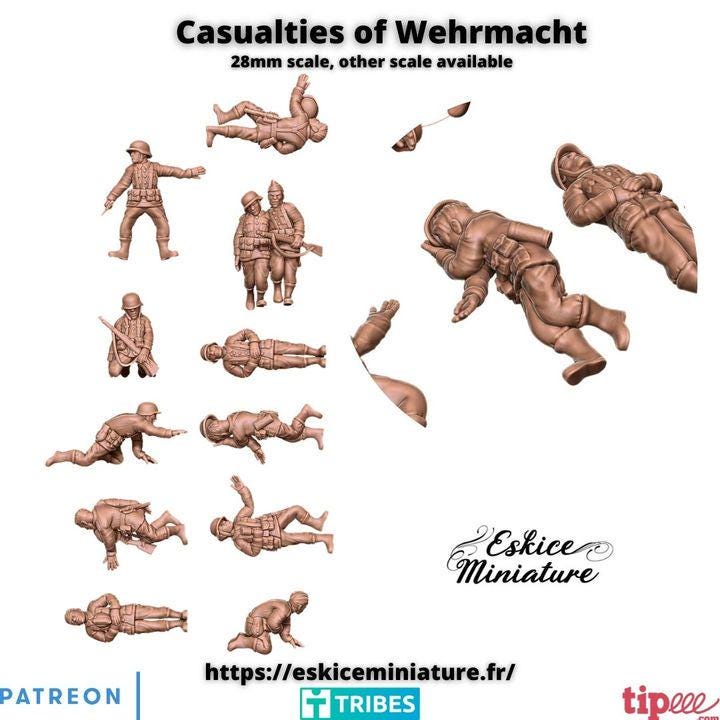 12pc German Casualties Wehrmacht WW2 – 15mm 20mm 28mm 32mm 1 35 Scale – Fallen Soldiers Set for Dioramas and Wargames – Eskice Miniature