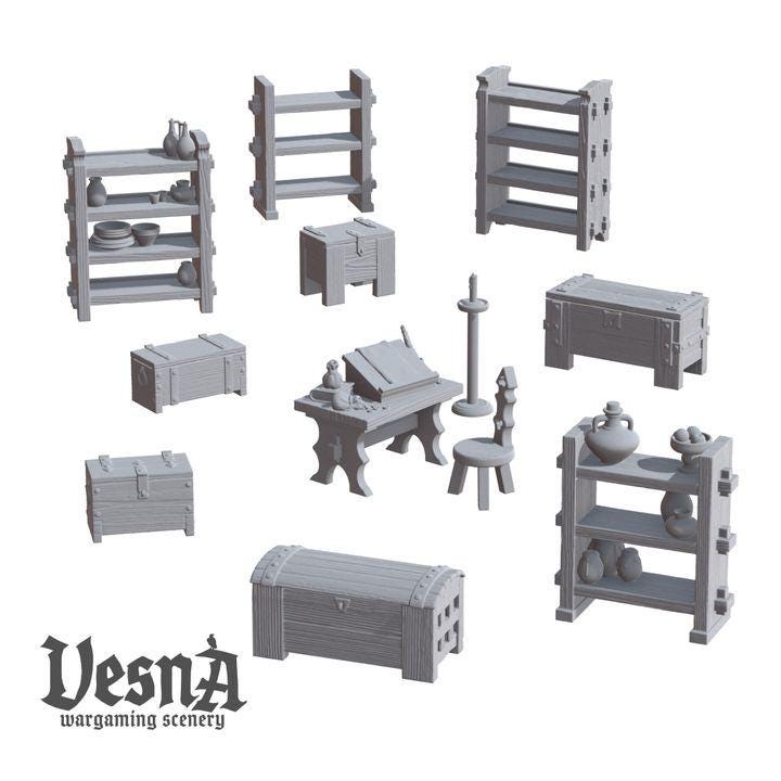 12 pc Medieval Furniture for 28mm/32mm DnD Dungeons and Dragons DnD Scatter Terrain Camp Pieces Shelves Desk pottery Chest Miniature - VS