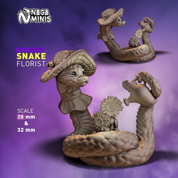 Snake Folk Florist Miniature DnD Dungeons and Dragons 28mm/32mm Cute Snake Figurine with a watering can and flowers Townsfolk Florist NPC
