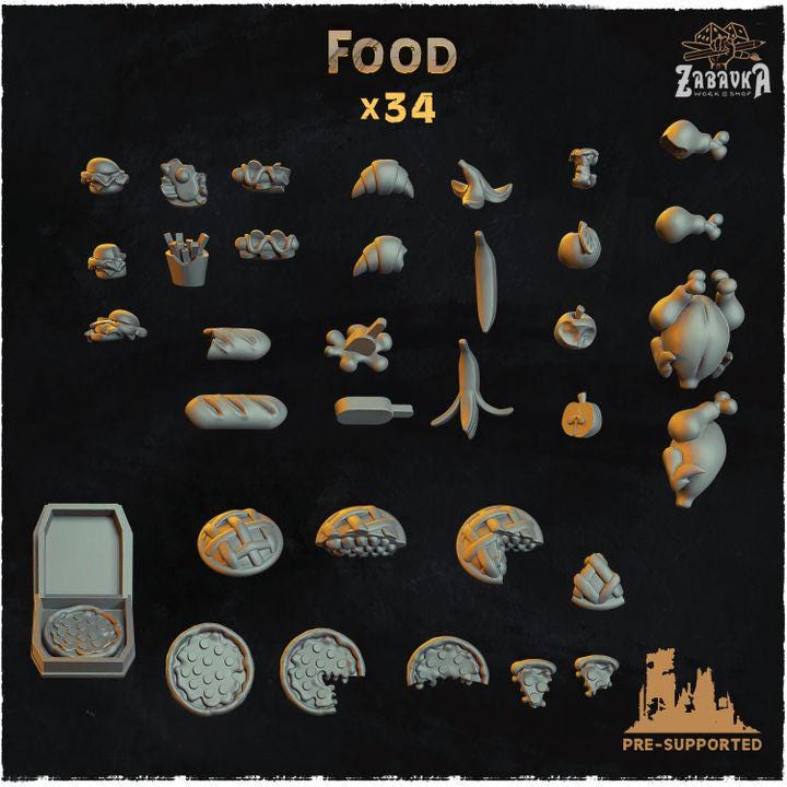 34pc Food (Basing Bits 2.0) 28mm/32mm Scale Scatter Terrain Food Miniatures Fantasy TTRPG Wargaming Tavern Feast Scenery ElementsZbW