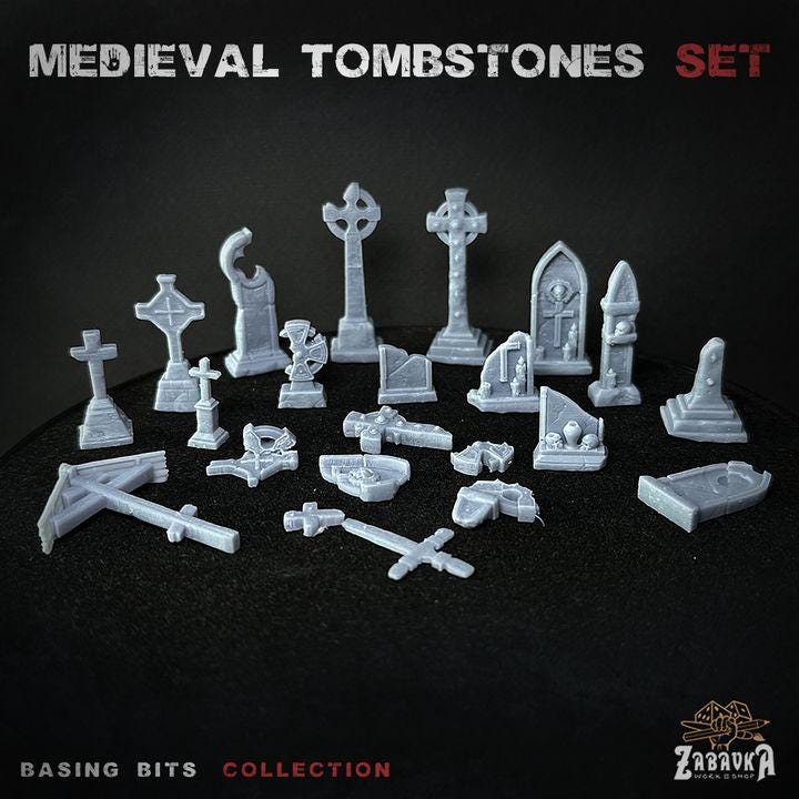 34pc Medieval Tombstones for Dungeons and Dragons 28mm/32mm Basing Bits DnD Terrain Scenery Scatter D&D TTRPG Mini Basing Material - ZbW