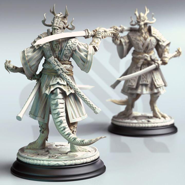 Dragonborn Samurai Miniature Dungeons and Dragons 28mm/32mm/38mm Mini RPG Tabletop Miniature DnD Painting Pathfinder 5e DnD Ryuma - DmS