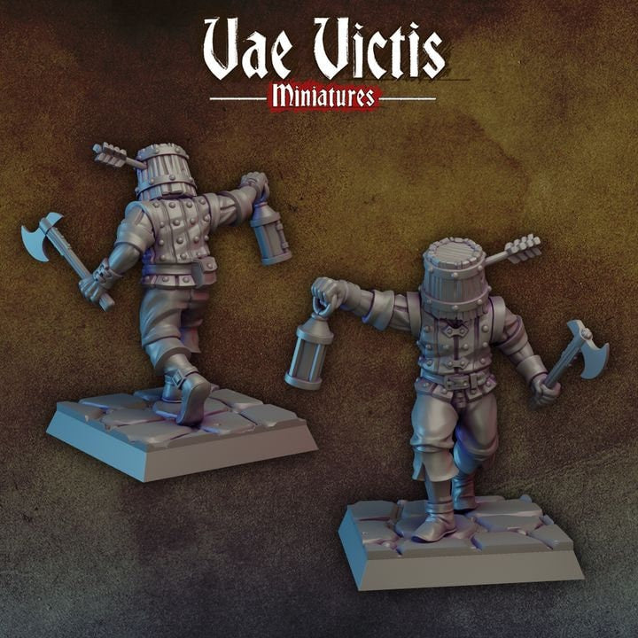 Bucket Head Miniature DnD Dungeons and Dragons 28mm/32mm TTRPG Fantasy Wargame NPC DnD Fighter Axe and Lamp Medieval Fighter