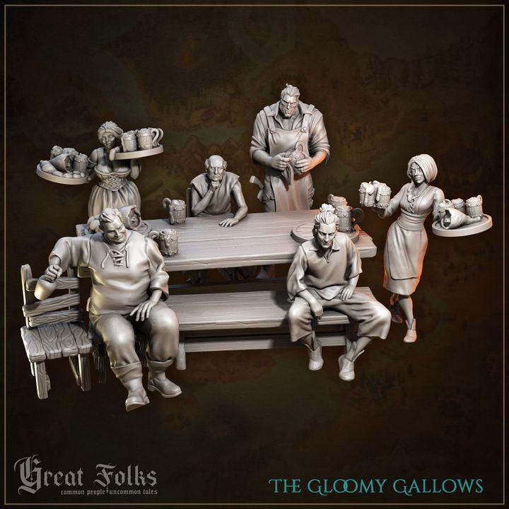 The Gloomy Gallows DnD Dungeons and Dragons 28mm/32mm Townsfolk NPCs Tavern Furniture Miniatures and NPCs for TTRPG Fantasy Wargames Diorama