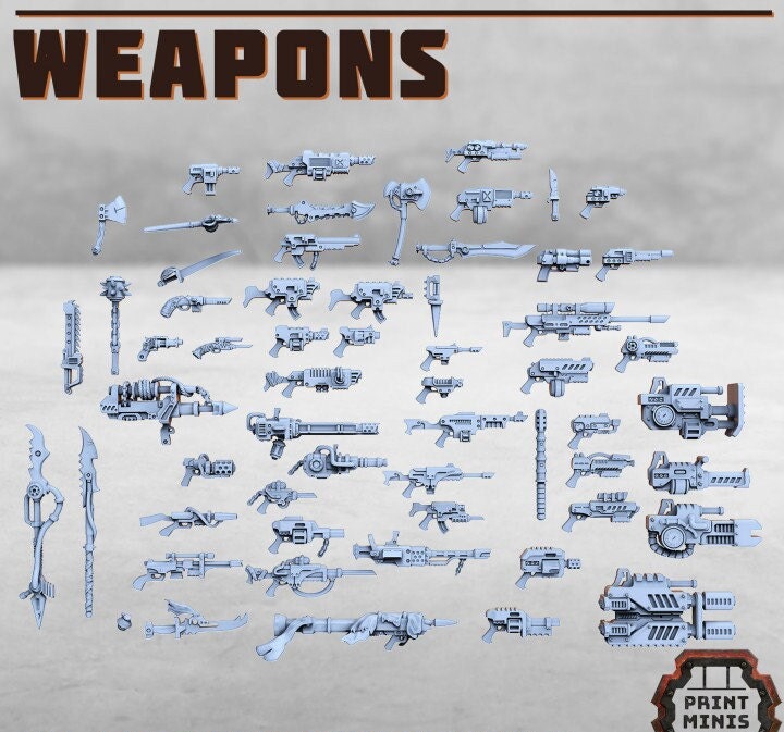 Mix of 50pc Weapons Kit for Scatter Terrain 28mm/32mm Wargame Scenery Guns Ammo Kitbashing Undercity weapon Guns Grenades