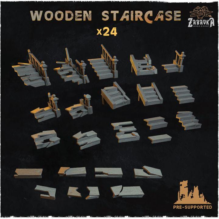 24pc Wooden Staircase (Basing Bits 2.0) 28mm/32mm Scale TTRPG Basing Rustic Destroyed Staircase Miniatures Wooden Ruins DnD 40K SceneryZbW