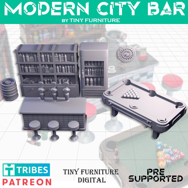 Modern City Bar DnD Dungeons and Dragons 28mm/32mm Townsfolk Bar Miniature Furniture Falloute TTRPG Wasteland Bar Scatter Terrain