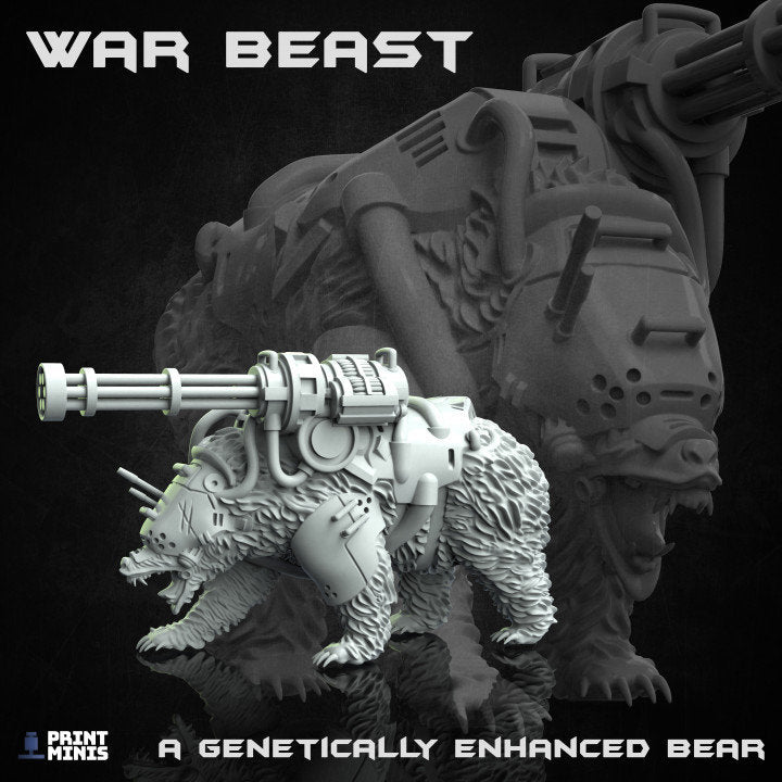 The Iron Guard Collection - War Beast: Armored Battle Bear with Minigun - 28/32mm Tactical Combat Mini by Print Minis - DnD War Bear