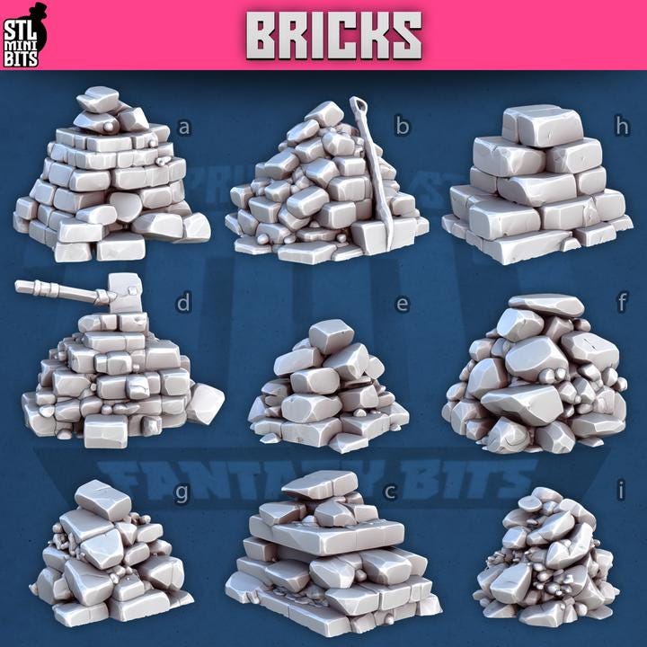 9pc Brick Piles for Dungeons and Dragons 28mm/32mm Basing Bits DnD Scatter Terrain Scenery Scatter D&D TTRPG Mini Basing Material - STL