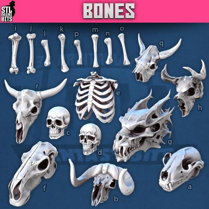 18pc Bones Miniature pack for Dungeons and Dragons 28mm/32mm Basing Bits DnD Terrain Scenery Scatter D&D TTRPG Mini Basing Material - STL