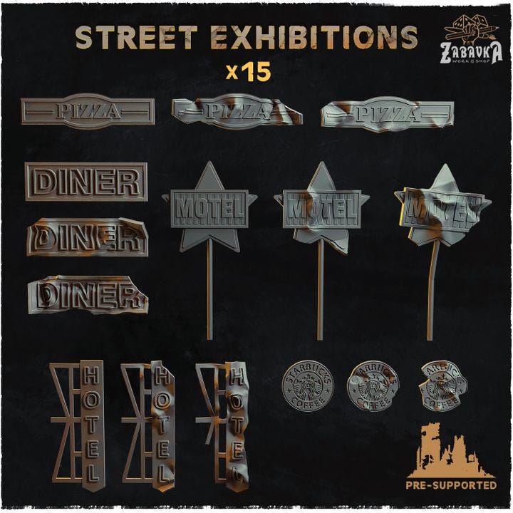 15pc Street Exhibitions (Basing Bits 2.0) 28mm/32mm Scale Basing Street Signs Scatter Miniatures Dystopian City Trading Scenery ElementsZbW