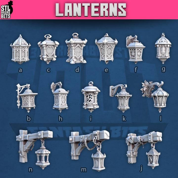 14pc Lanterns for Dungeons and Dragons 28mm/32mm Basing Bits DnD Scatter Terrain Scenery Scatter D&D TTRPG Mini Basing Material - STL
