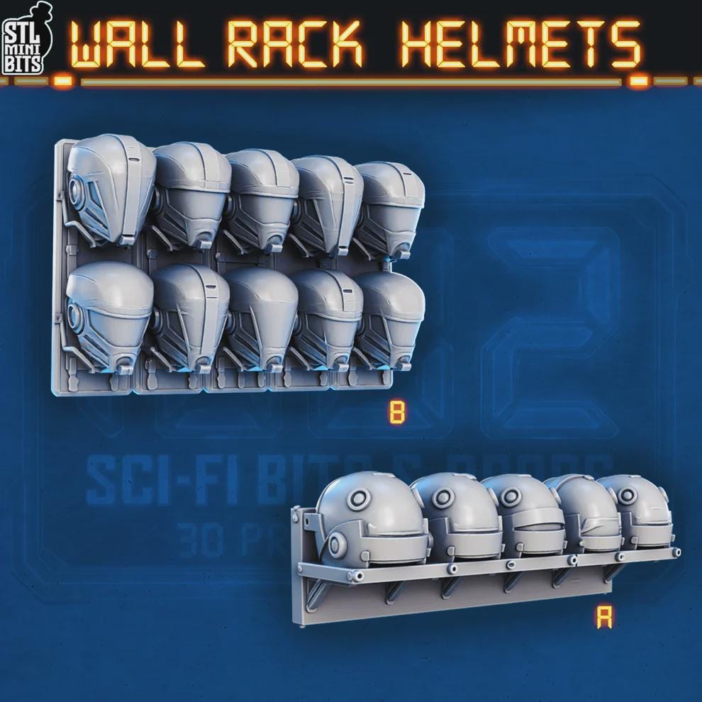 Miniature Wall Rack Of Helmets for Dungeons and Dragons 28mm/32mm Basing Bits Sci-fi Terrain Scenery D&D TTRPG Mini Basing Material - STL