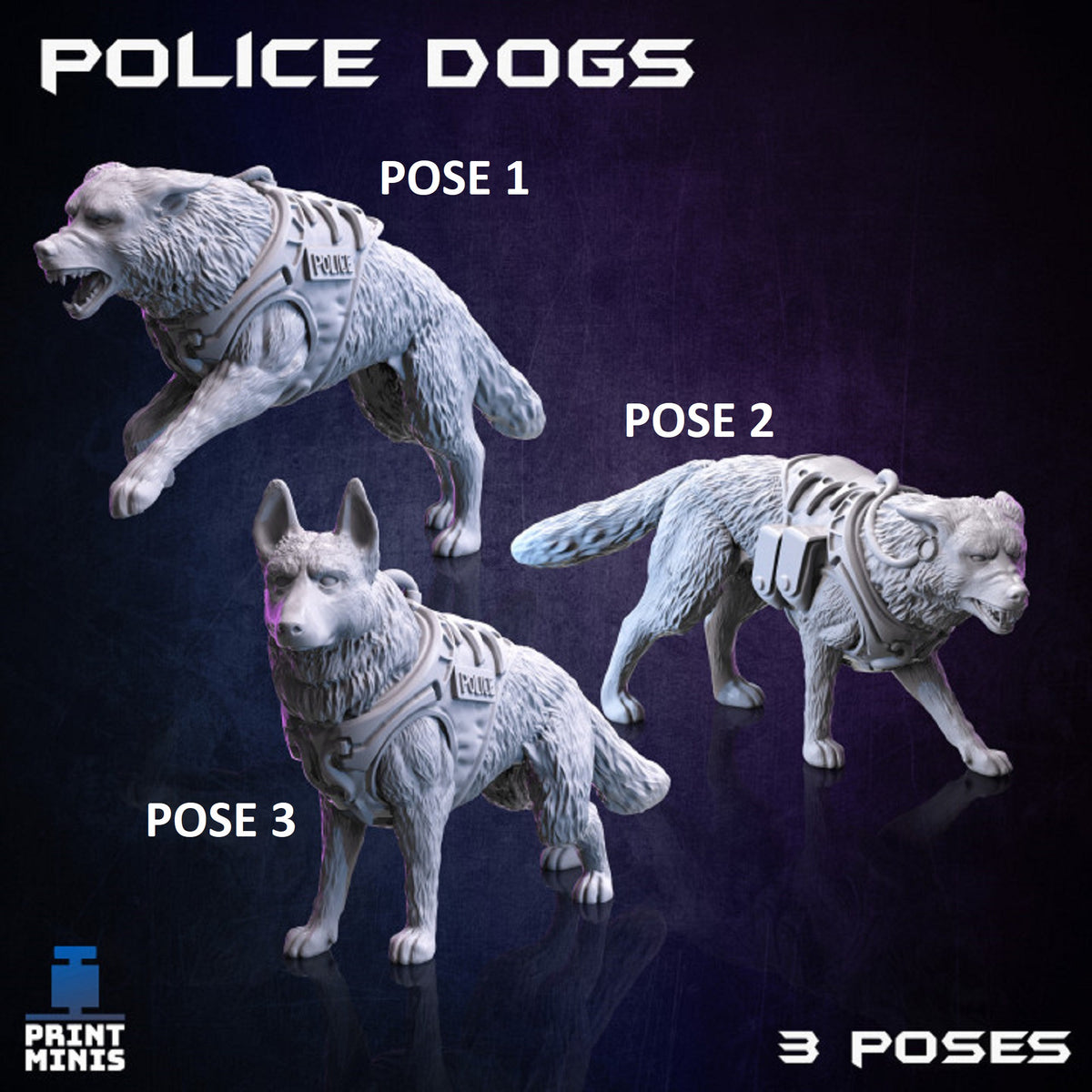 Police Dogs, Miniature, 3 Poses, SciFi, Riot, German Shepard, for 28mm or 32mm, Tabletop RPG by Print Minis
