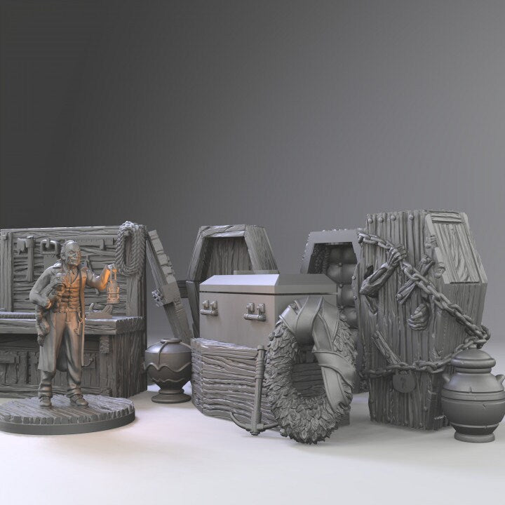 Undertaker Shop, DnD, Dungeons and Dragons, Scatter Terrain, DnD5E, Coffins, Workbench, Miniature - Tiny Furniture