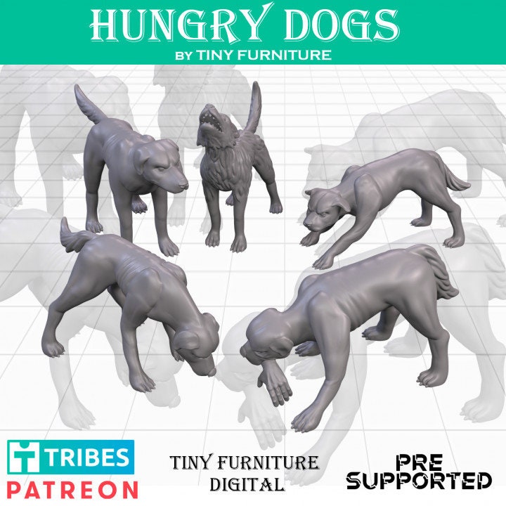 5pc Hungry Dogs, Scavengers, DnD, Dungeons and Dragons, Miniature, 3D Printed, Scatter Terrain, 28mm, 32mm - Tiny Furniture