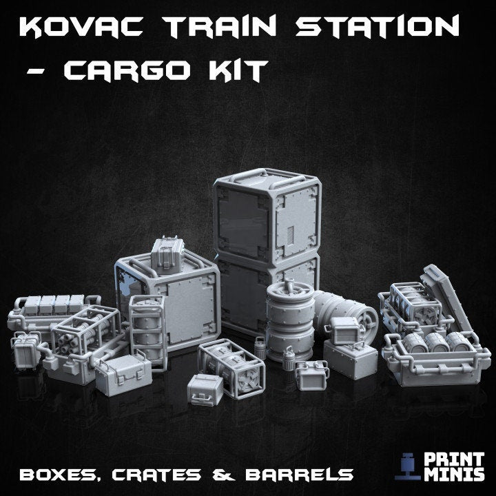 SciFi Boxes, Barrels and Crates for Cargo Scatter Terrain DnD Dungeons and Dragons TTRPG Wargame Crate Miniatures for train station scenery