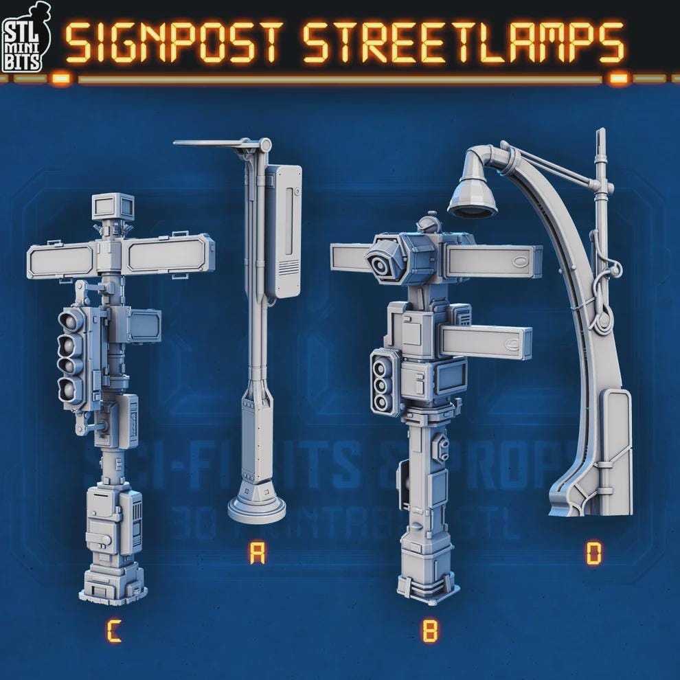 Sci-fi signpost streetlight miniature options