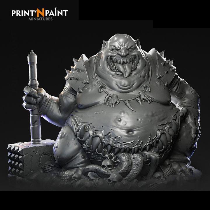 Gluttony fantasy miniature printed in gray PLA