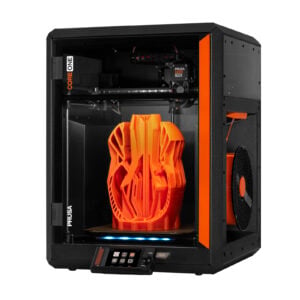 Prusa CORE One enclosed 3D printer with an orange print inside