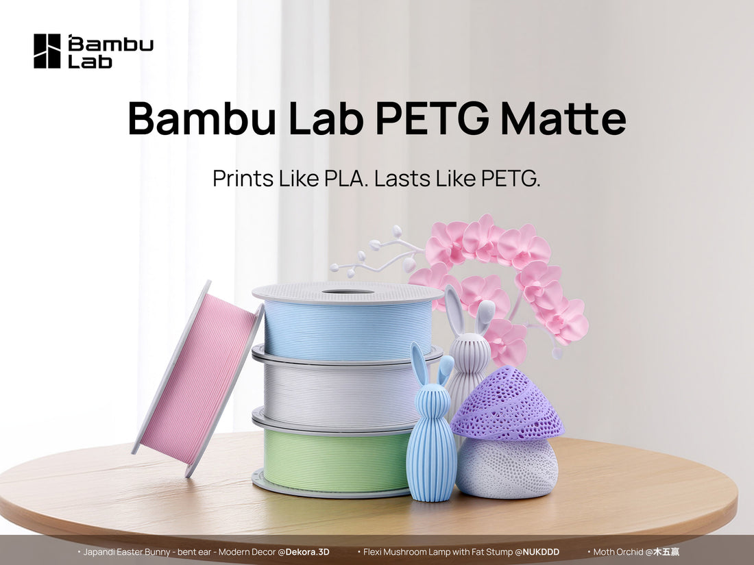 Bambu Lab PETG Matte spools beside pastel-colored decorative prints