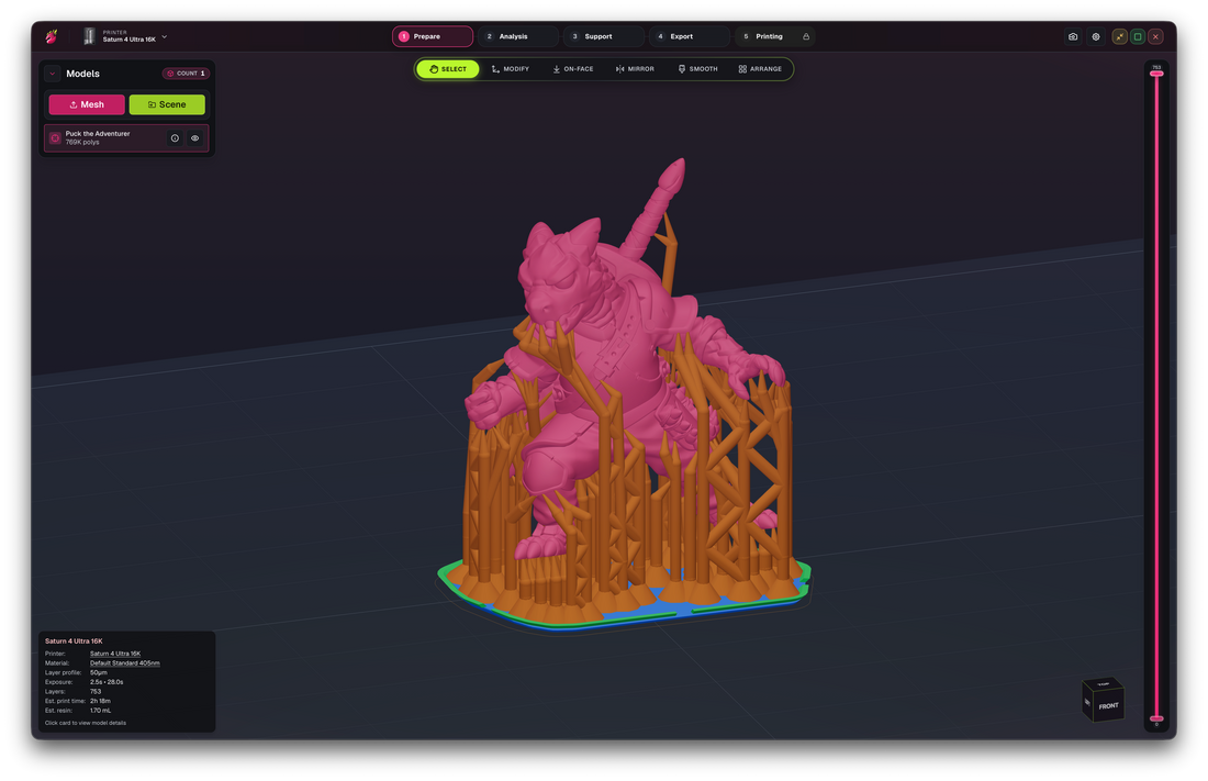 DragonFruit slicer promotional screenshot showing a pink creature miniature with orange resin-printing supports.