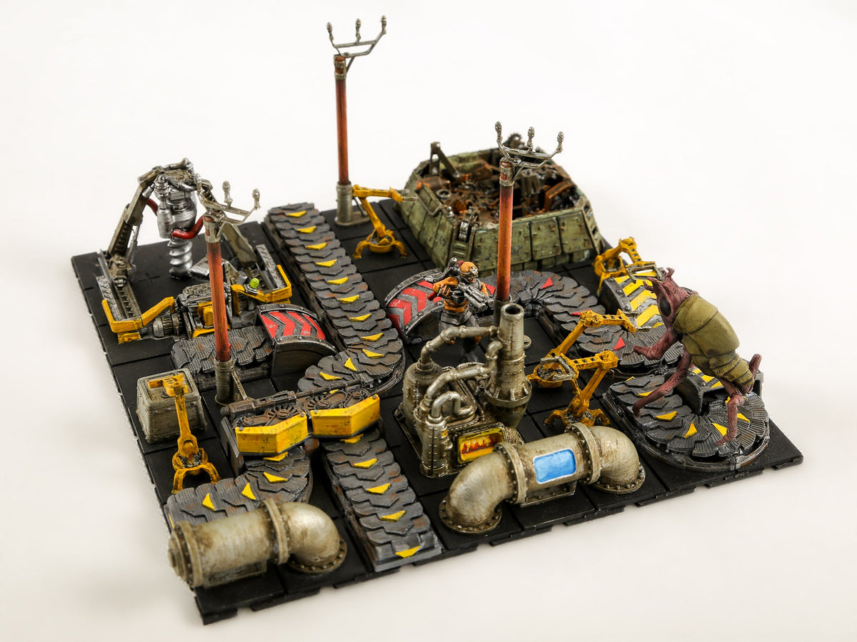 Wube Software photograph of a painted Factorio diorama with transport belts, machinery, an engineer and an alien creature