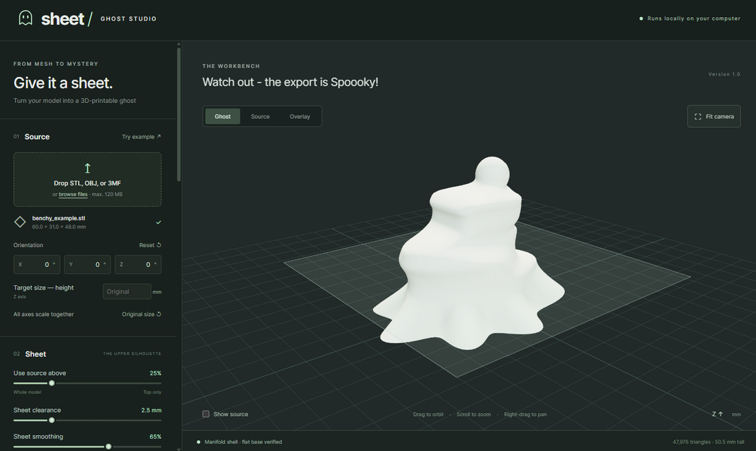 Ghost Studio screenshot showing a white sheet-like ghost generated around a 3D model.