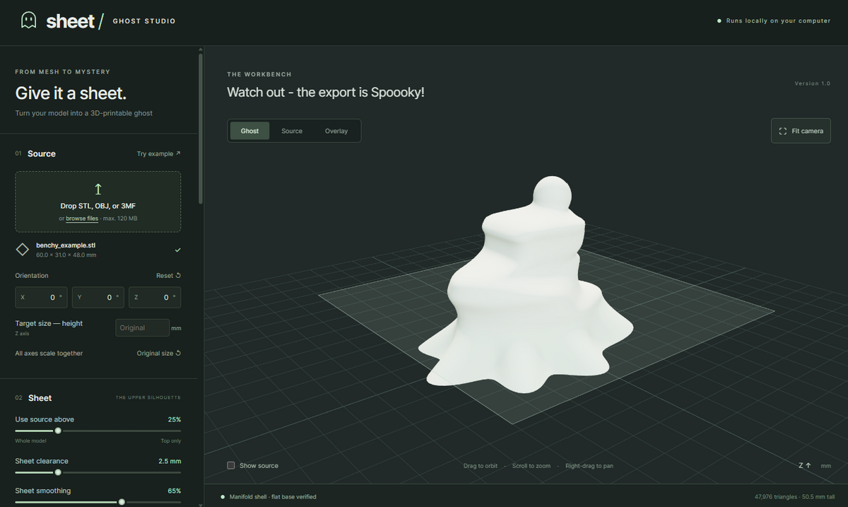 Ghost Studio screenshot showing a white sheet-like ghost generated around a 3D model.