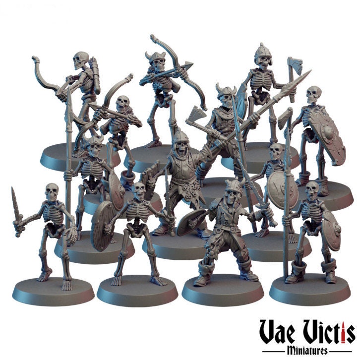 Vae Victis Miniatures digital render of skeleton warriors carrying swords, axes, bows, and shields.