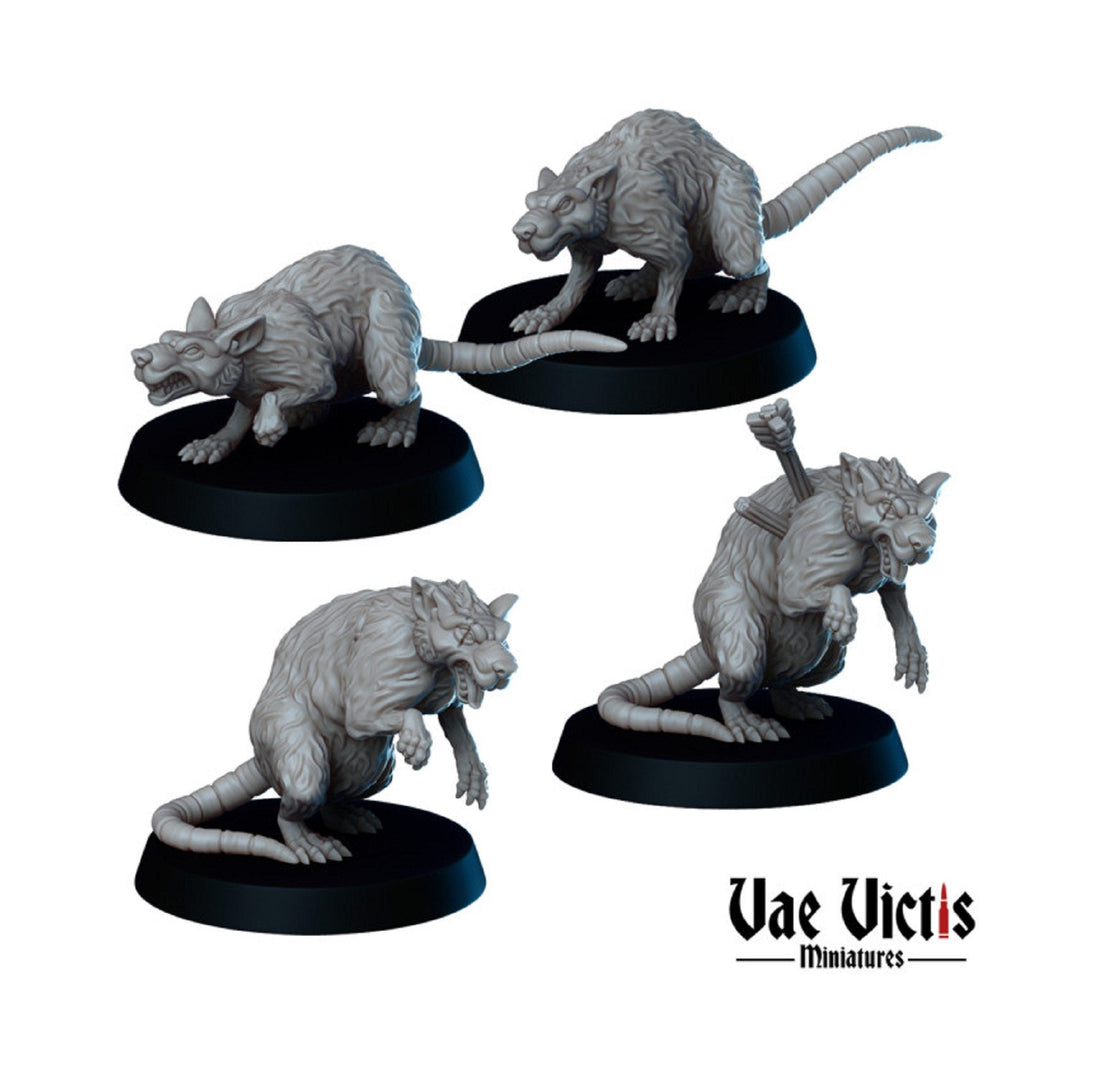 Digital product render of four giant rat miniatures sculpted by Vae Victis Miniatures